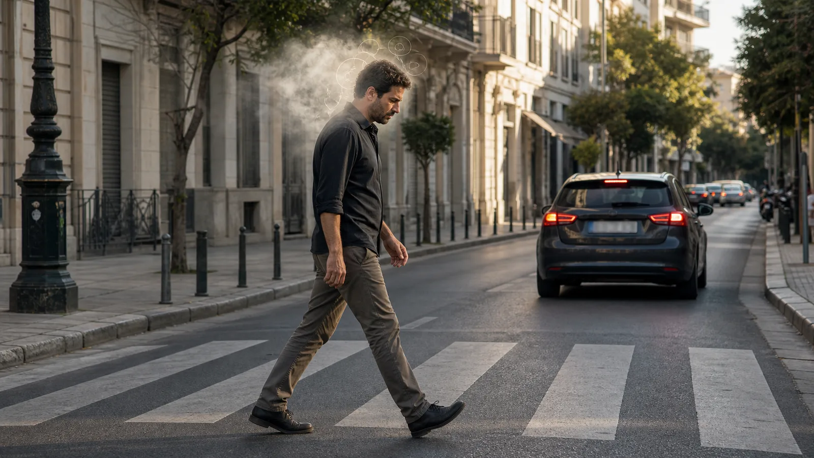 Άνθρωπος διασχίζει αφηρημένος μια λεωφόρο ενώ ένα αυτοκίνητο έχει φρενάρει πιο πίσω